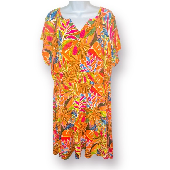 C&C California Floral Tropical Jersey Dress Short Sleeve Orange Plus Size 1X NWT - Picture 1 of 11